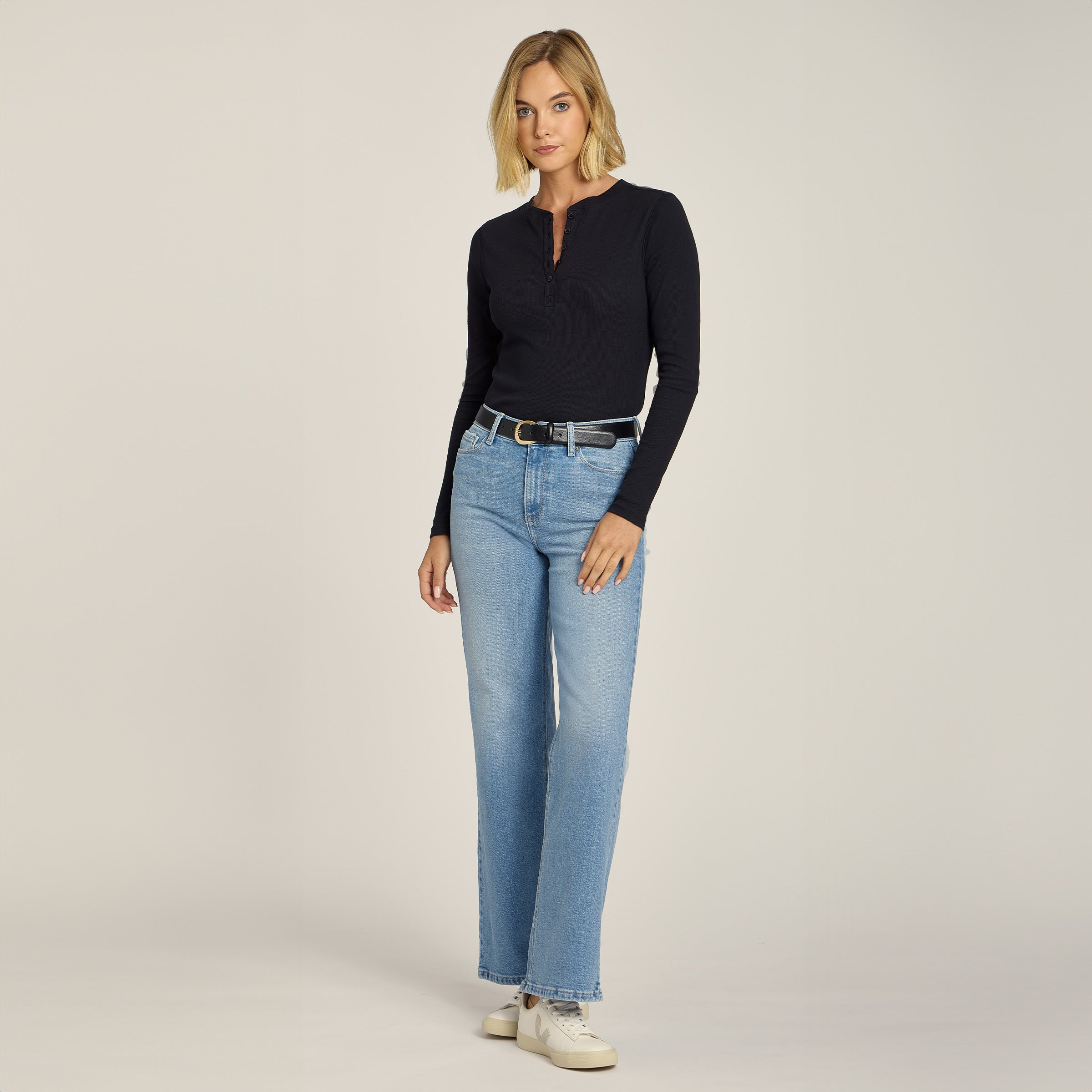 Women wearing Black Long Sleeve Rib Henley Tee