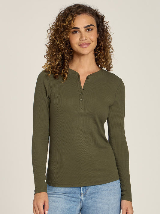 Long Sleeve Rib Henley Tee Dark Olive Crew tees