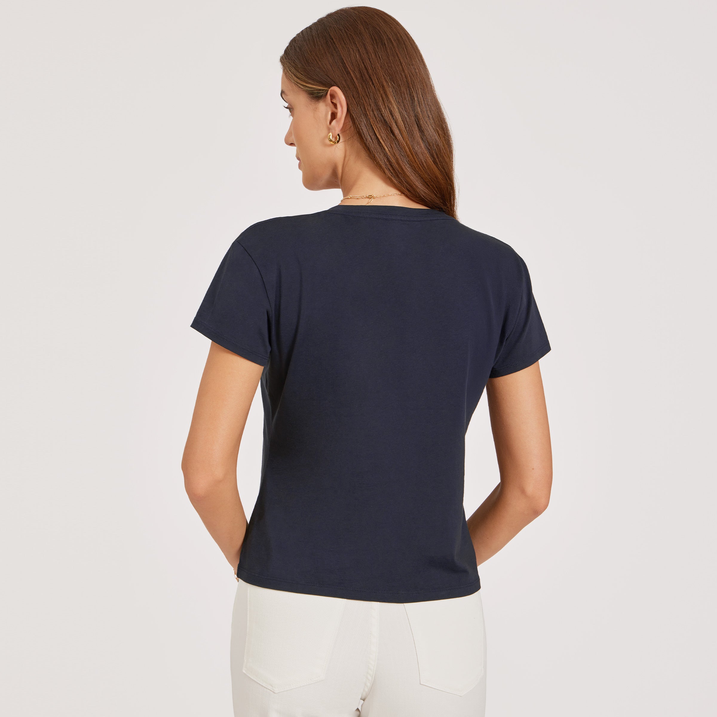 Women wearing Navy Everyday Cotton Relaxed V-Neck Tee