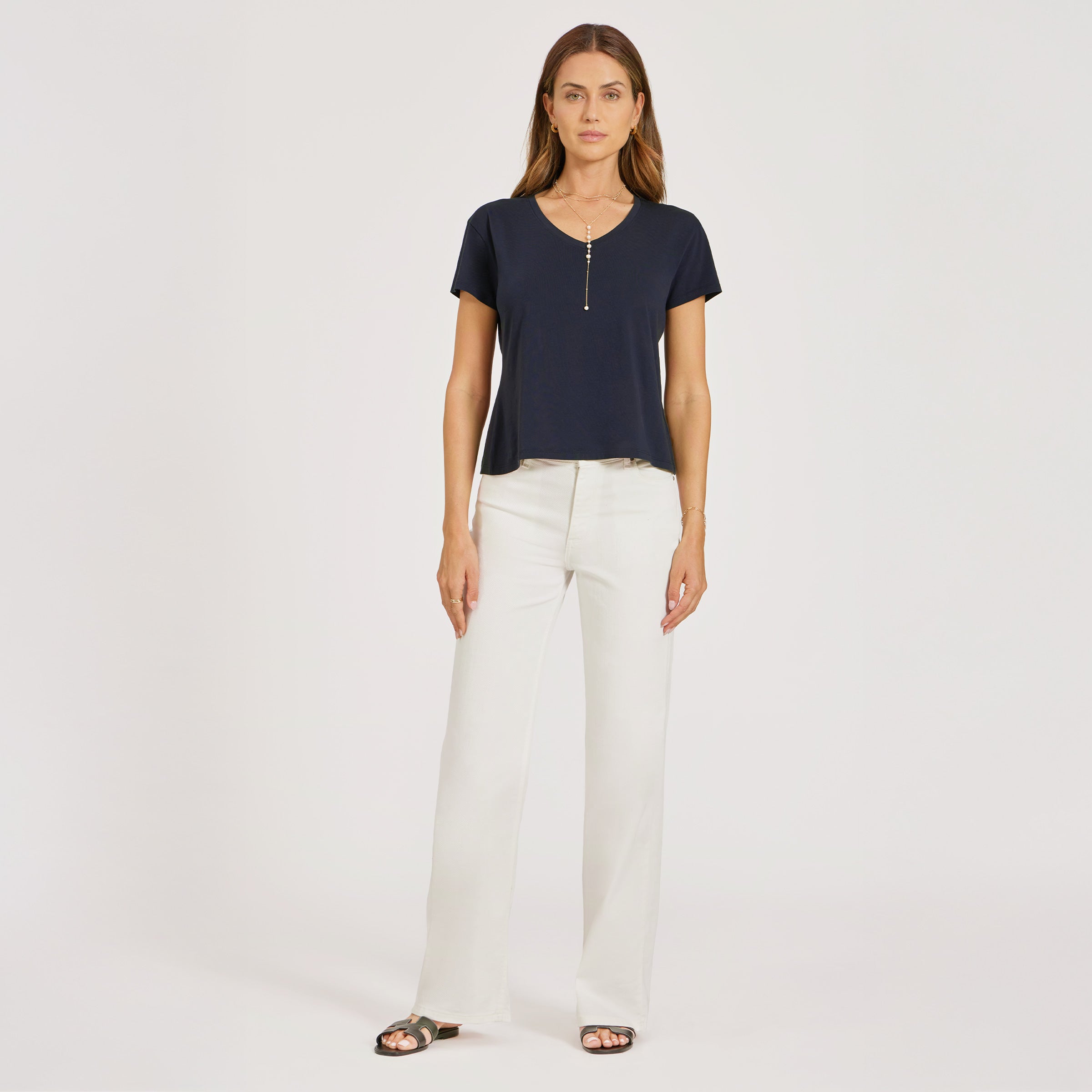Women wearing Navy Everyday Cotton Relaxed V-Neck Tee