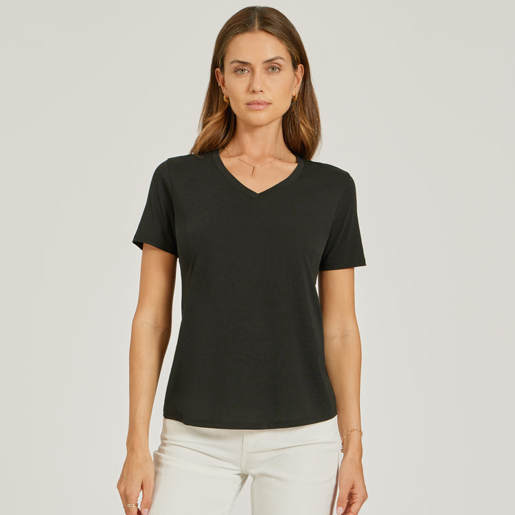 Women wearing Black Relaxed V-Neck Marcy Tee
