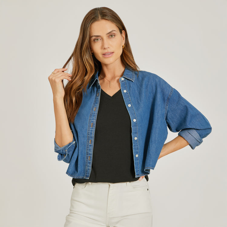 Women wearing Black Relaxed V-Neck Marcy Tee