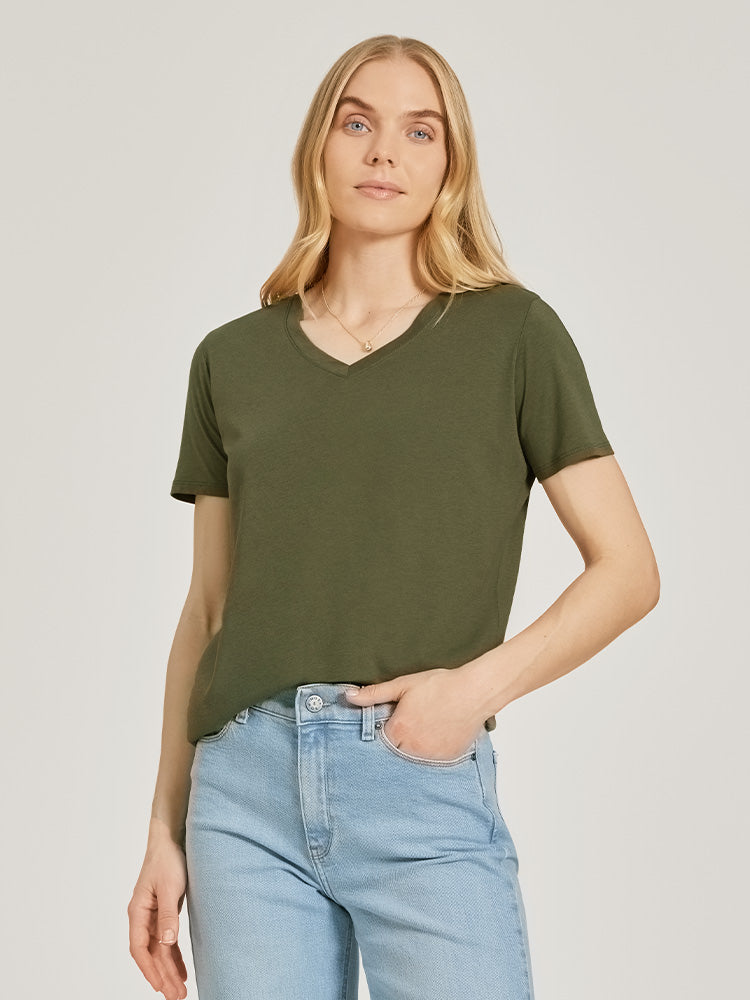 Women wearing Military Green Relaxed V-Neck Marcy Tee