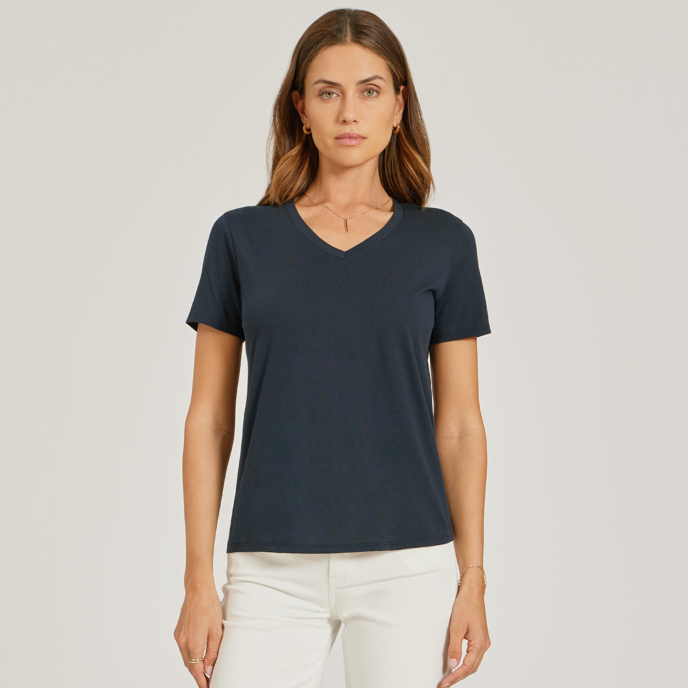 Women wearing Navy Relaxed V-Neck Marcy Tee