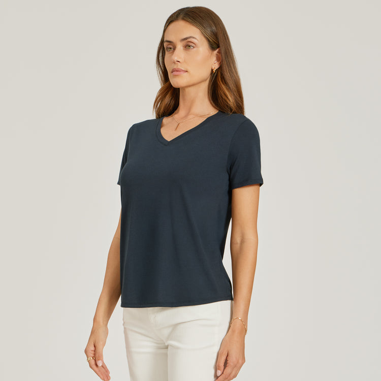Women wearing Navy Relaxed V-Neck Marcy Tee