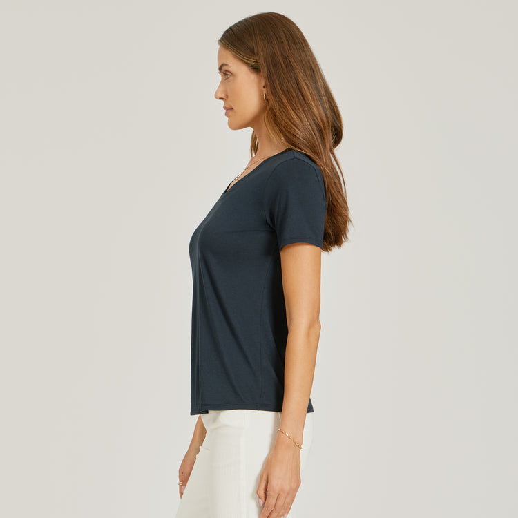 Women wearing Navy Relaxed V-Neck Marcy Tee