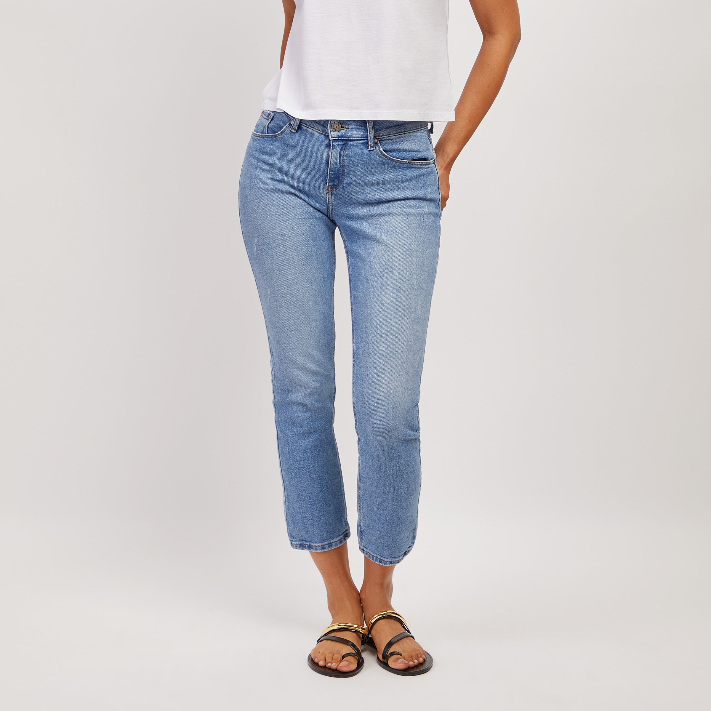 Women wearing Medium Blue Mid Rise Slim Straight Hubert Jeans