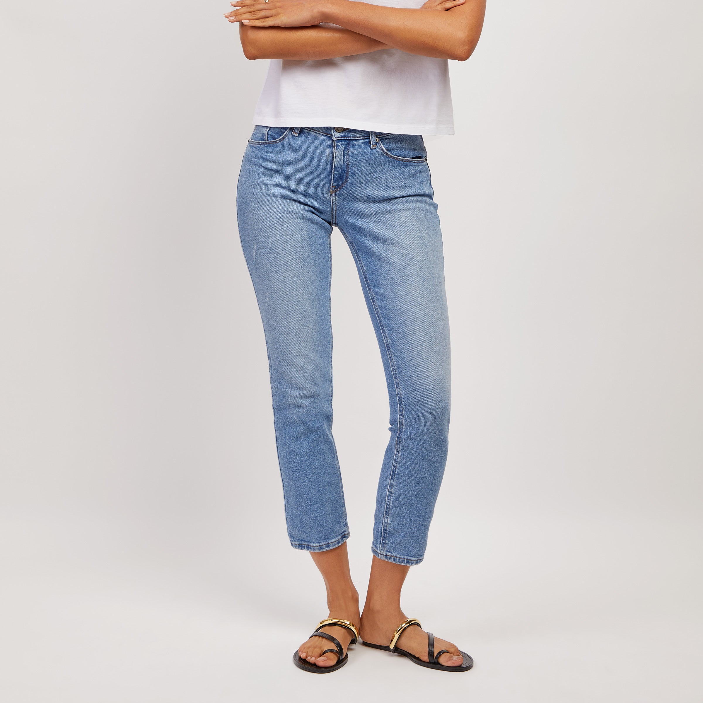 Women wearing Medium Blue Mid Rise Slim Straight Hubert Jeans