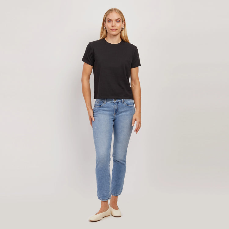Women wearing Light Blue Mid Rise Slim Straight Hubert Jeans