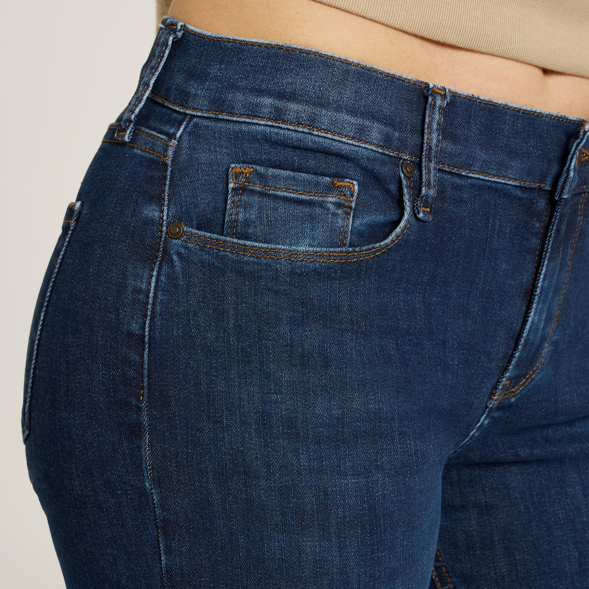 Women wearing Dark Blue Logan Mid Rise Slim Straight Jeans
