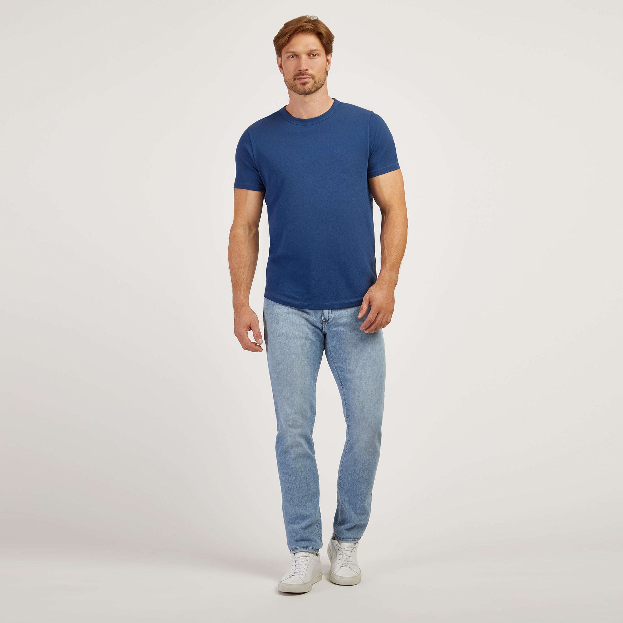 Men wearing Baltic Blue Curved Hem Driggs Tee