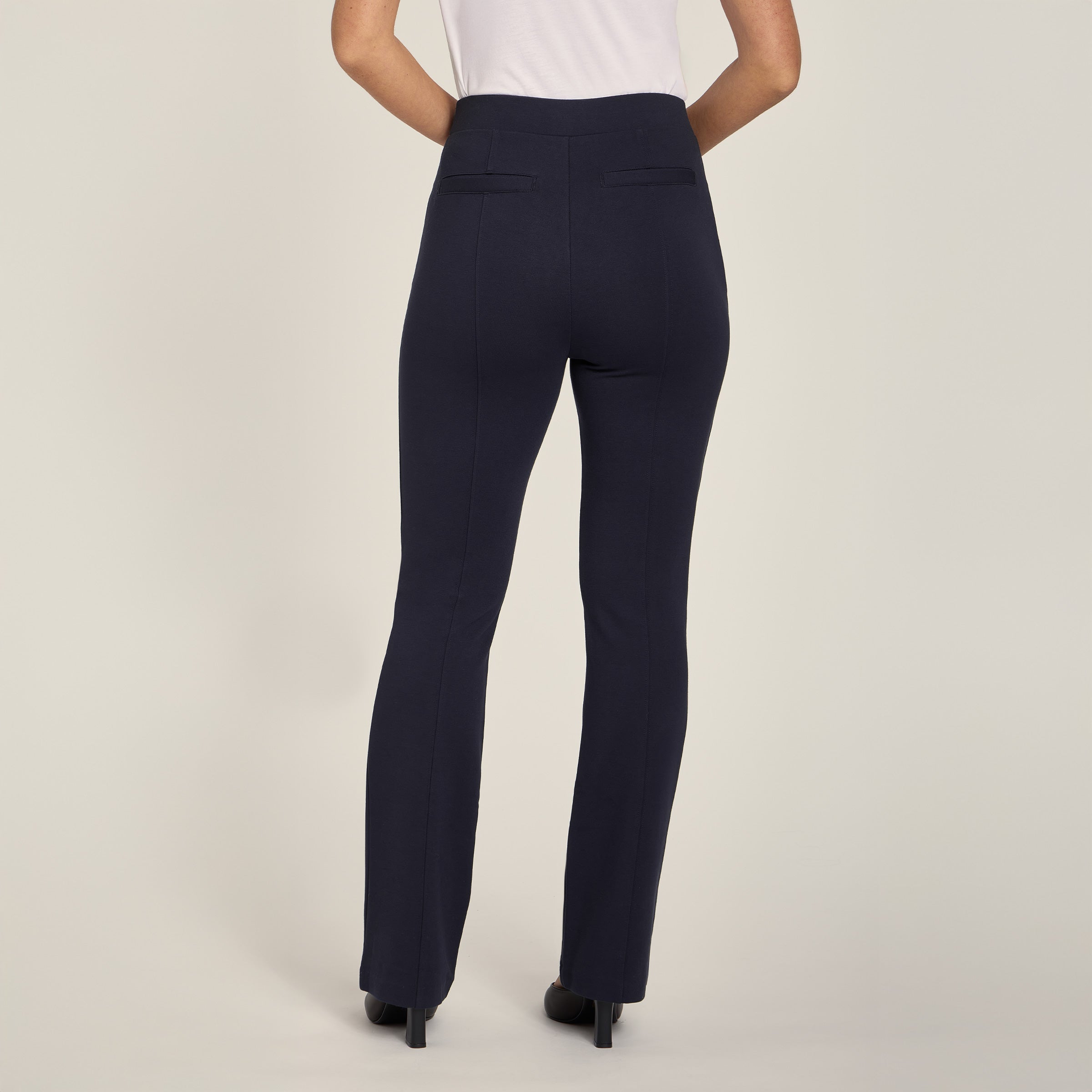 Women wearing Navy Slim Knit Pant