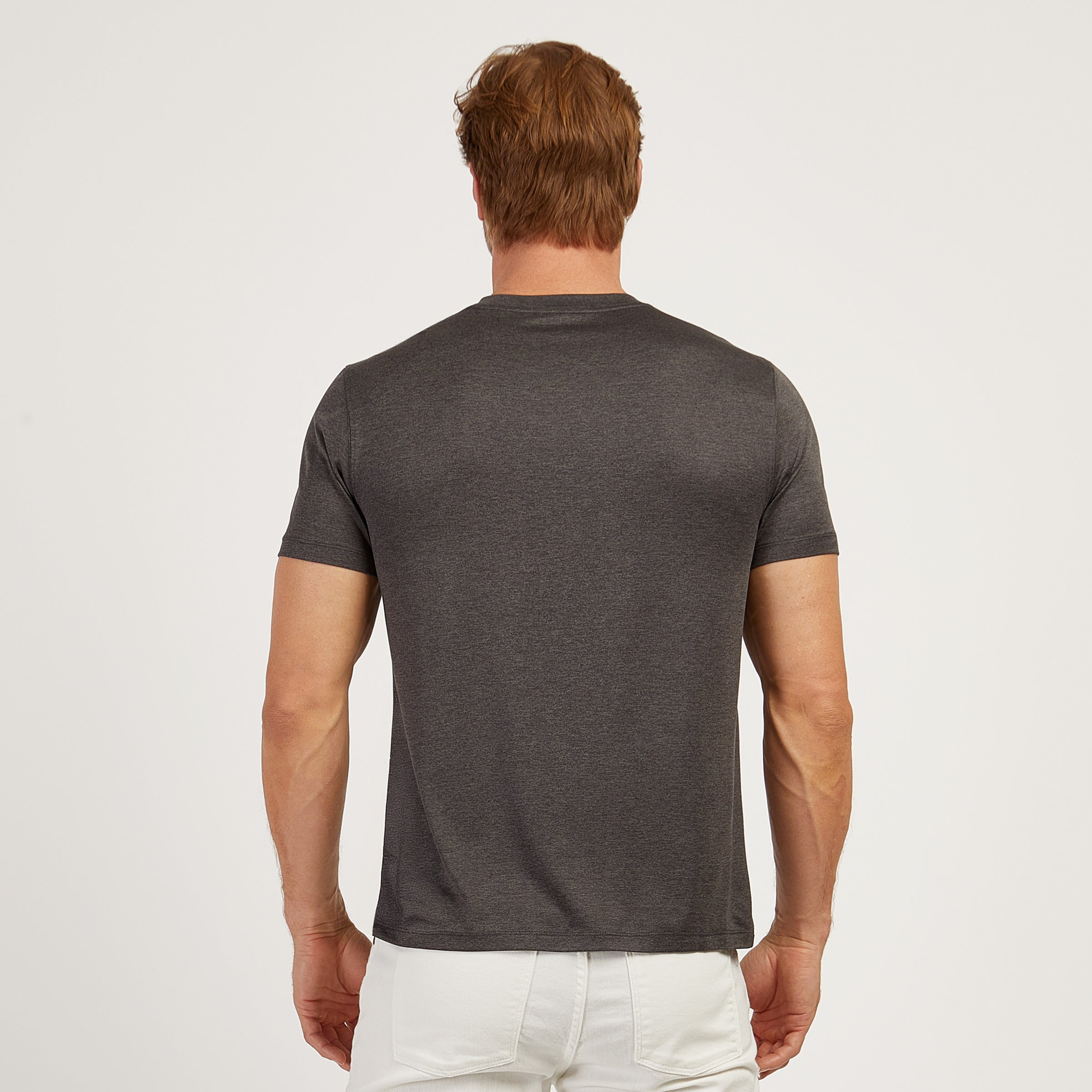 Men wearing Charcoal Heather Tech Tee