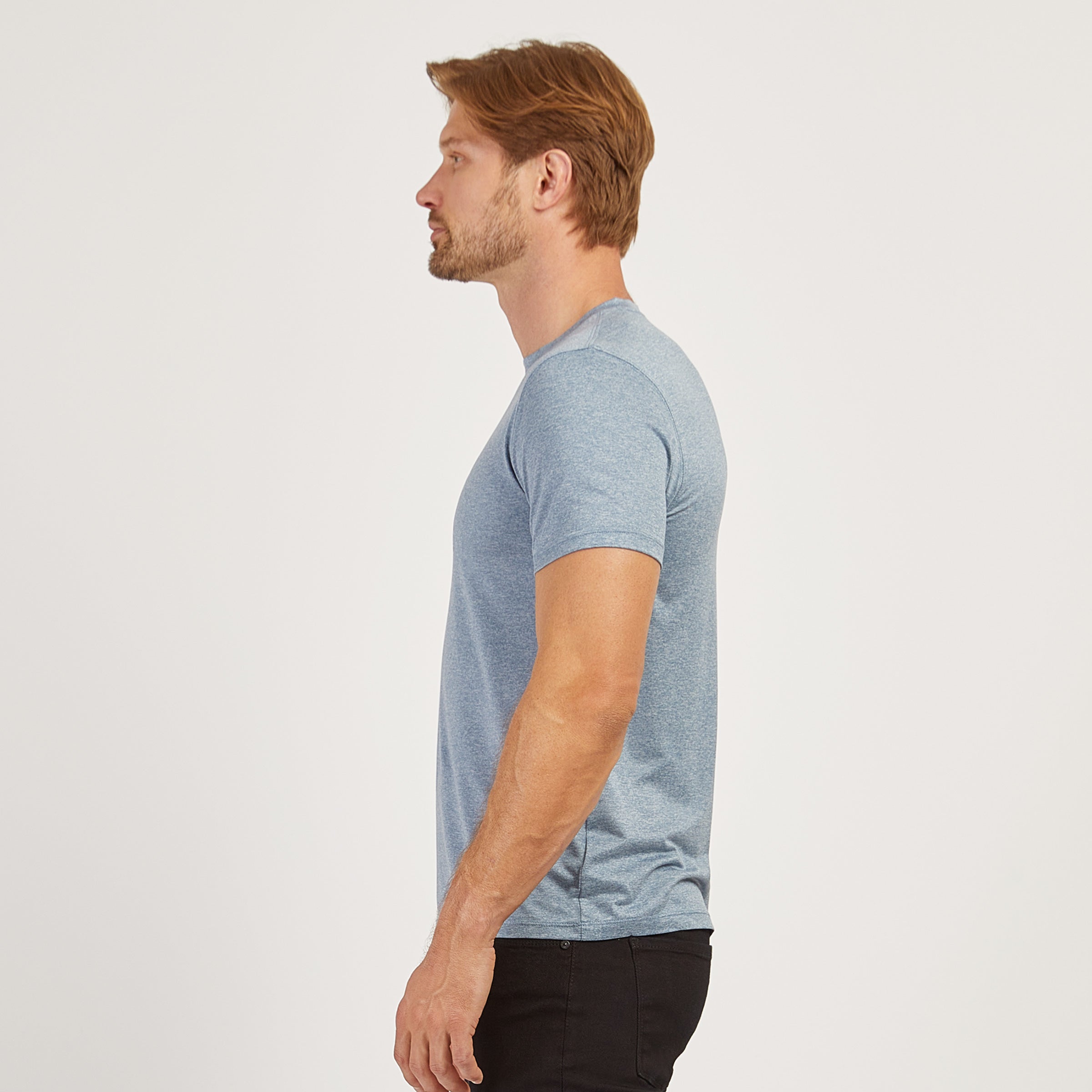 Men wearing Sky Blue Heather Tech Tee