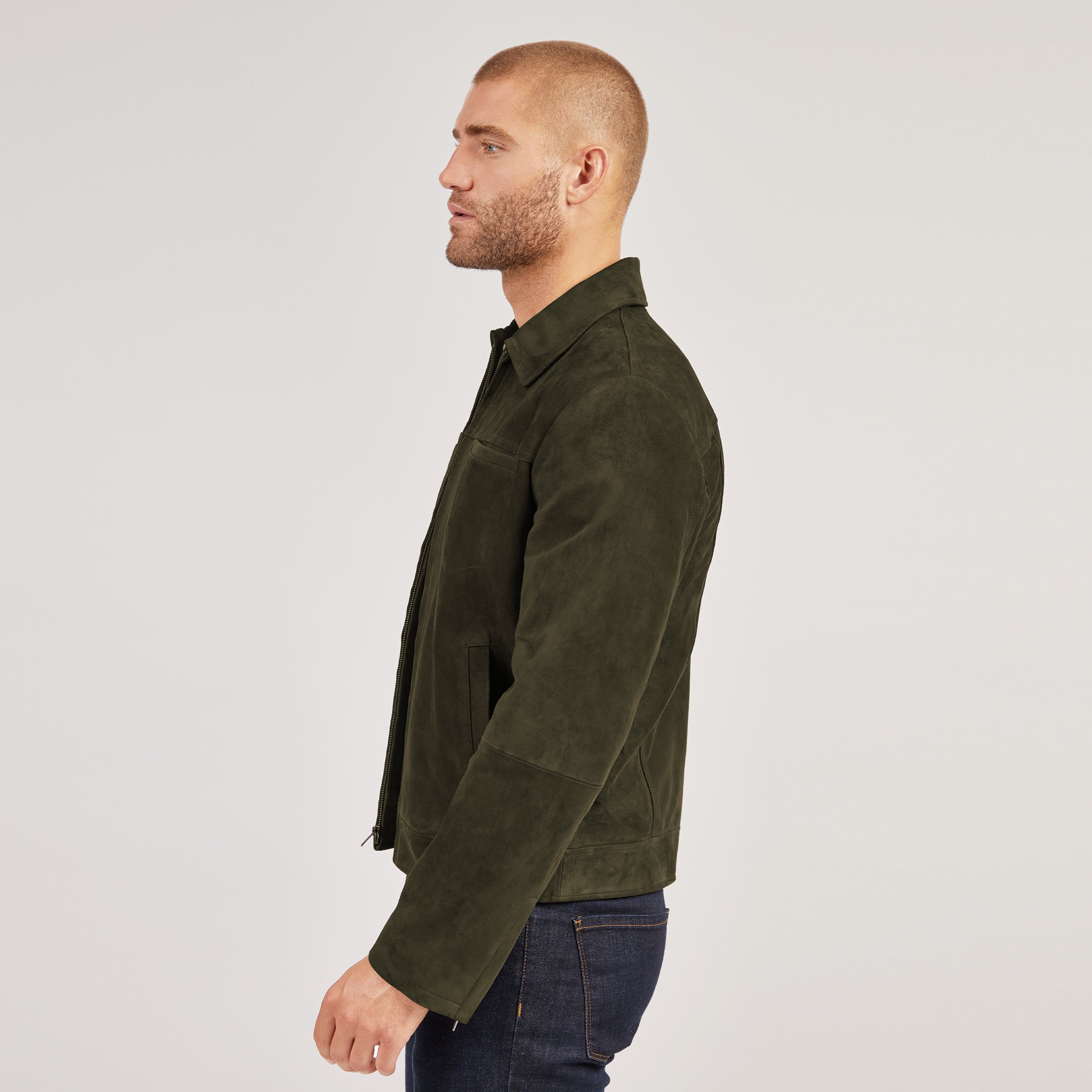 Men wearing Dark Olive Suede Trucker Jacket