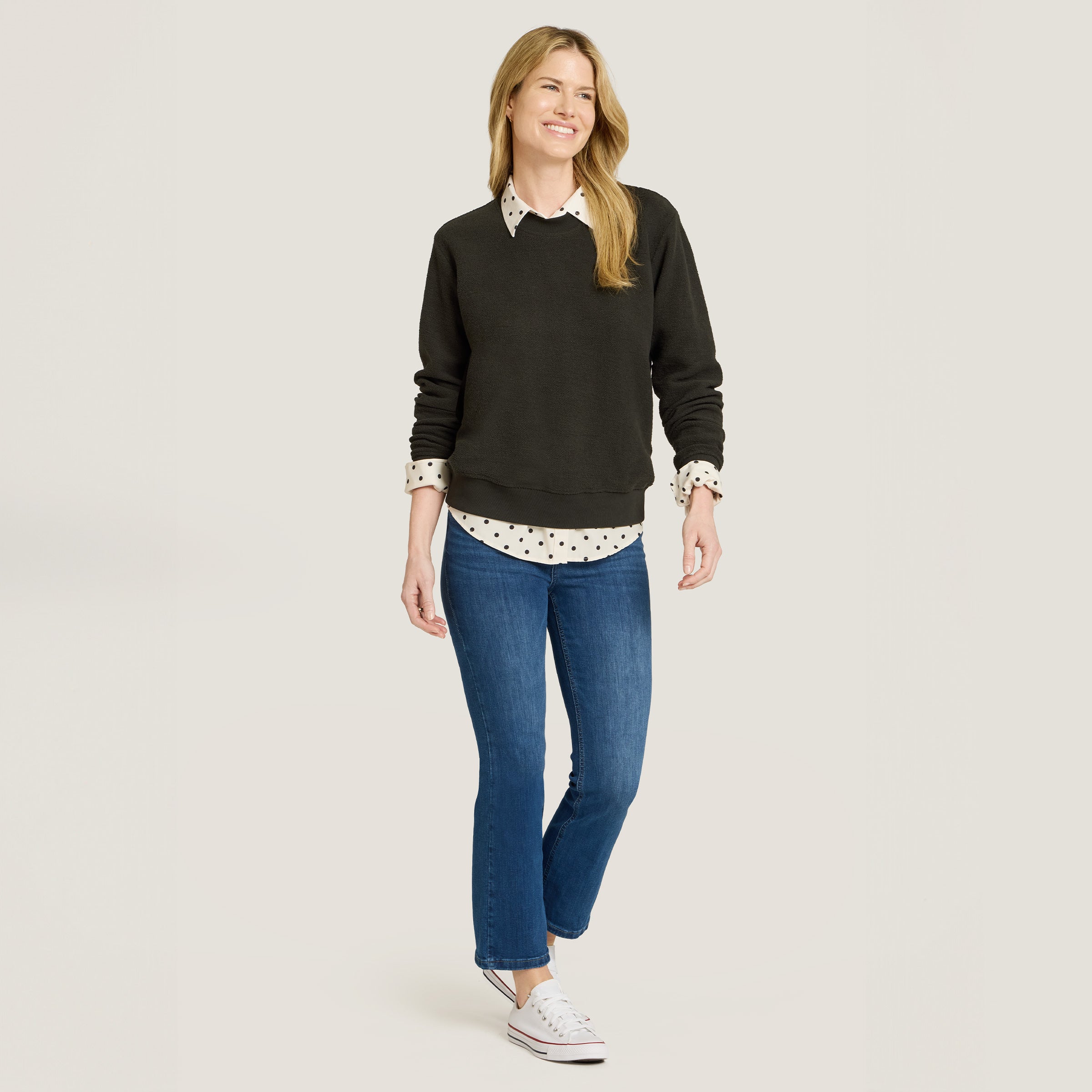 Women wearing Faded Black Crew Neck Fleece Sweatshirt