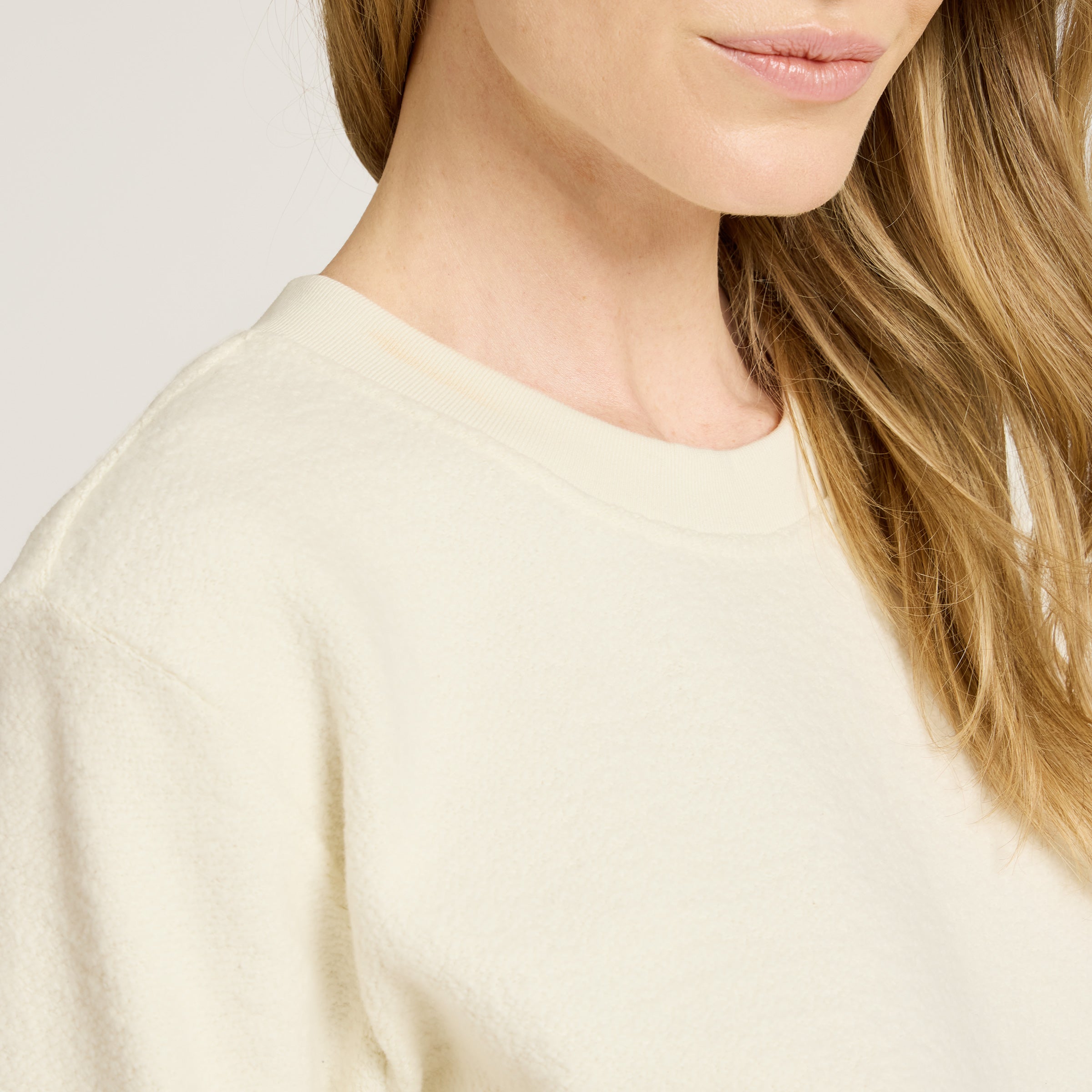 Women wearing Ivory Crew Neck Fleece Sweatshirt