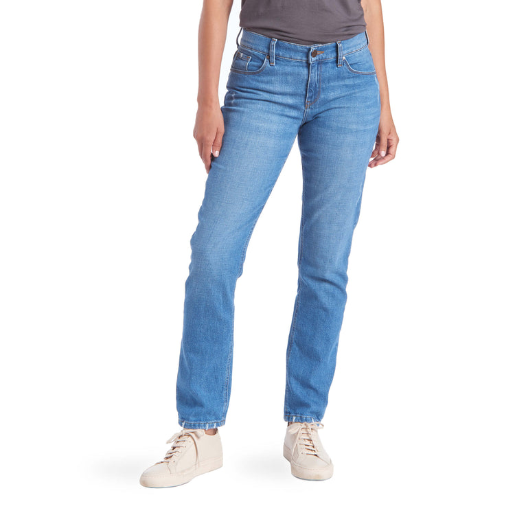 Women wearing Light Blue Mid Rise Slim Straight Charlton Jeans
