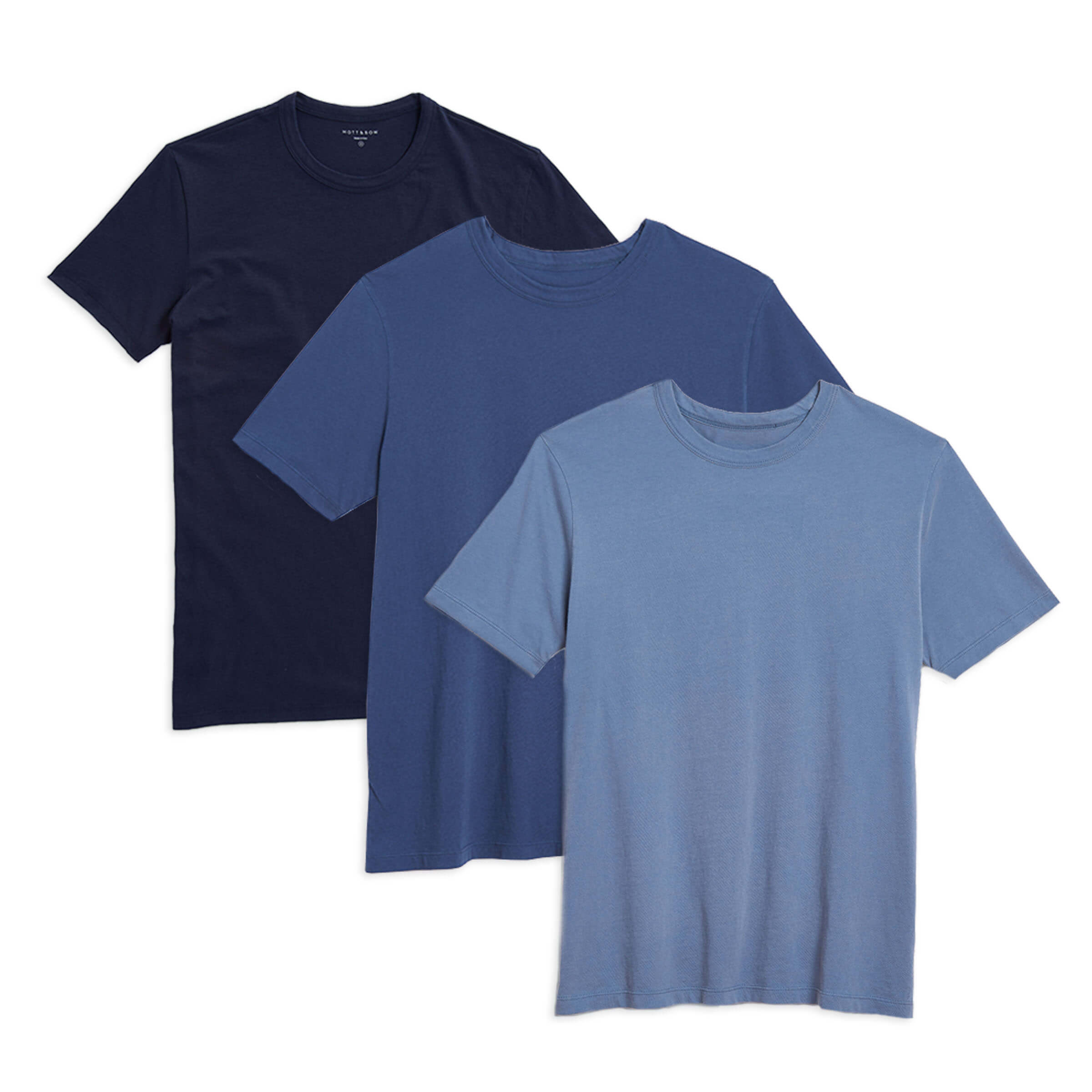 Men wearing Navy/Baltic Blue/California Blue Classic Crew Driggs 3-Pack tees