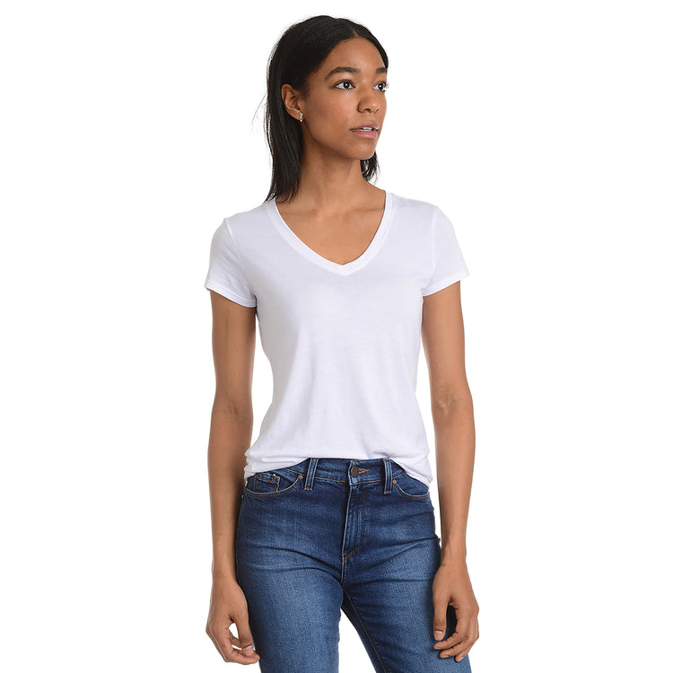 Women wearing Blanco Fitted V-Neck Marcy Tee