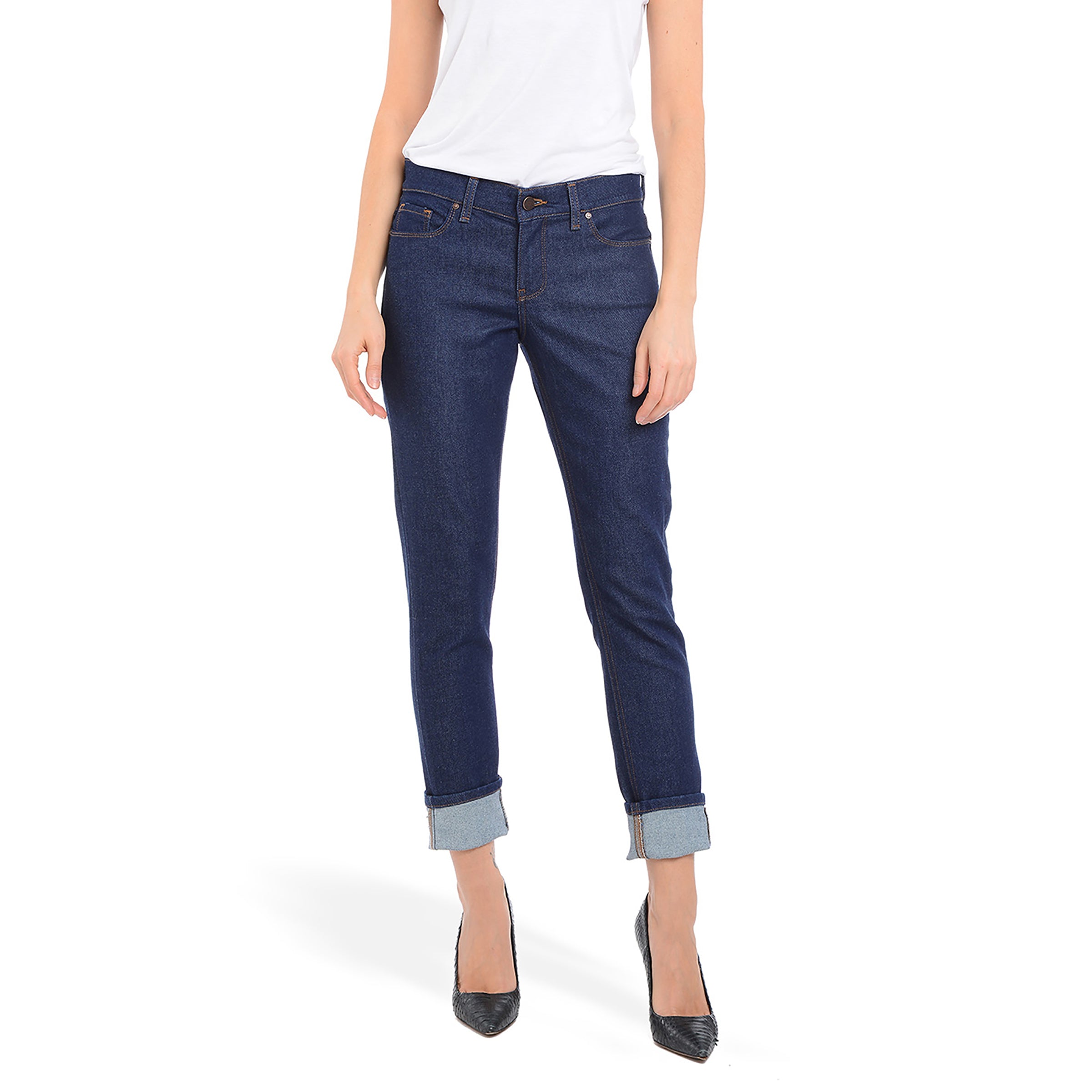 Women wearing Dark Blue Mid Rise Slim Straight Laight Jeans