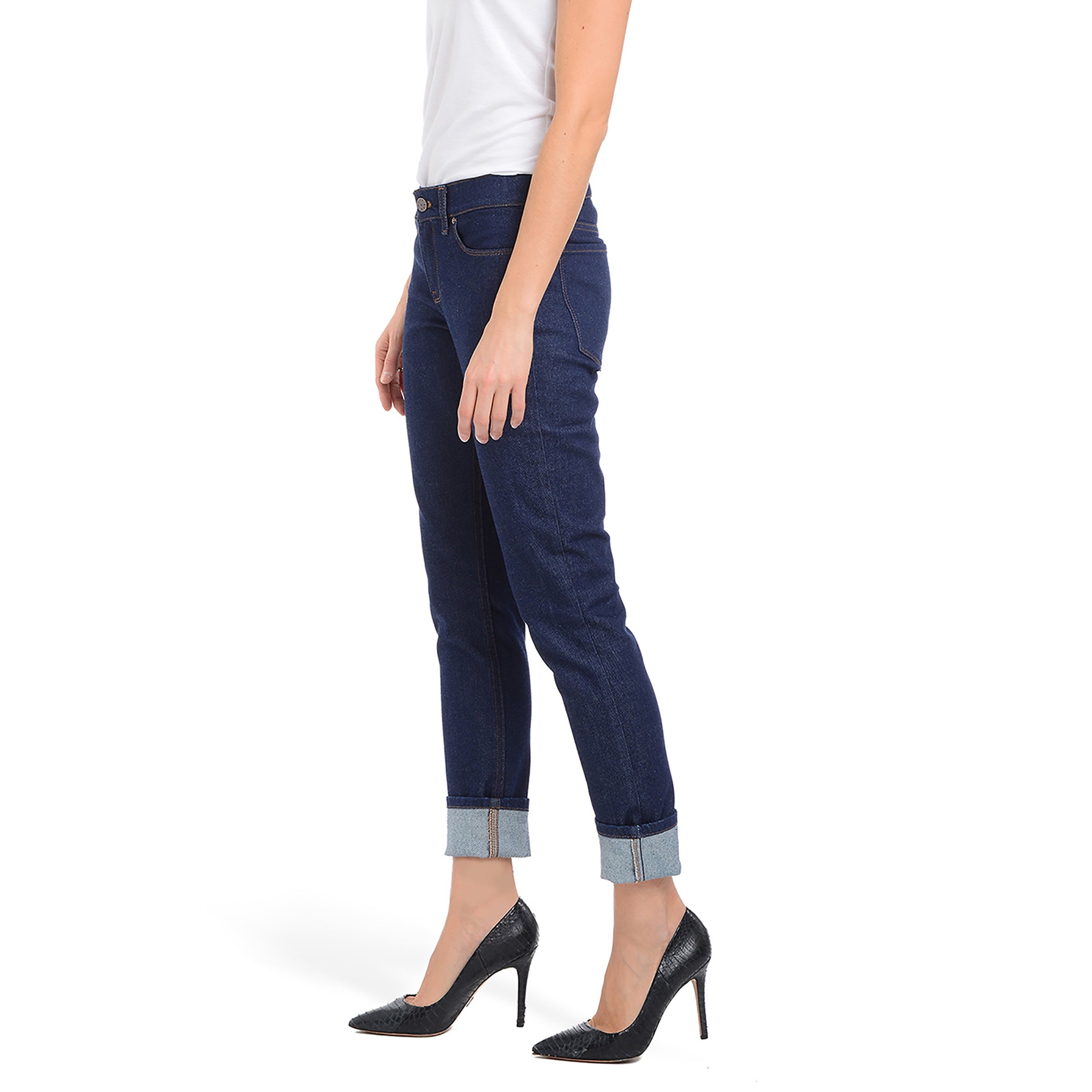 Women wearing Dark Blue Mid Rise Slim Straight Laight Jeans