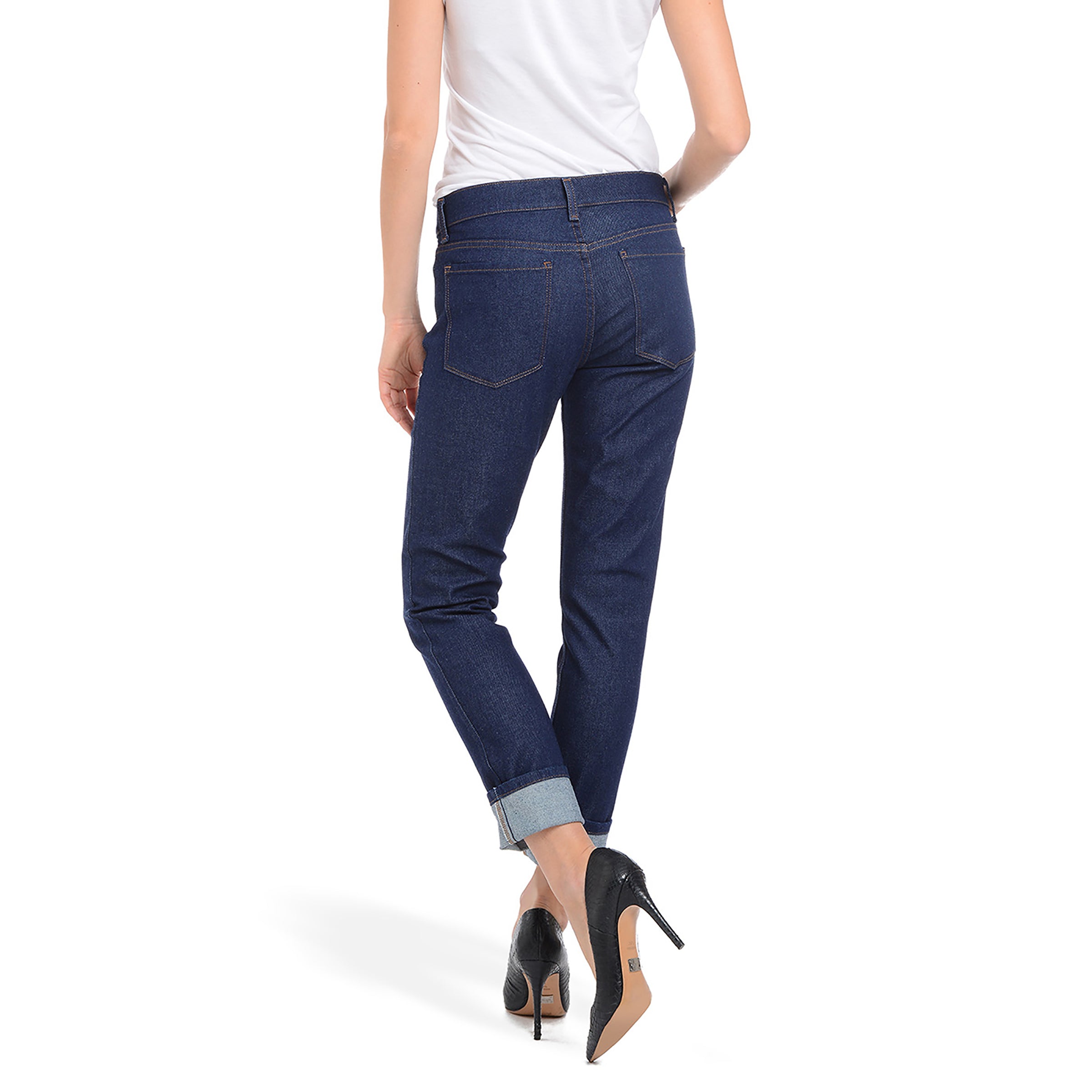 Women wearing Dark Blue Mid Rise Slim Straight Laight Jeans