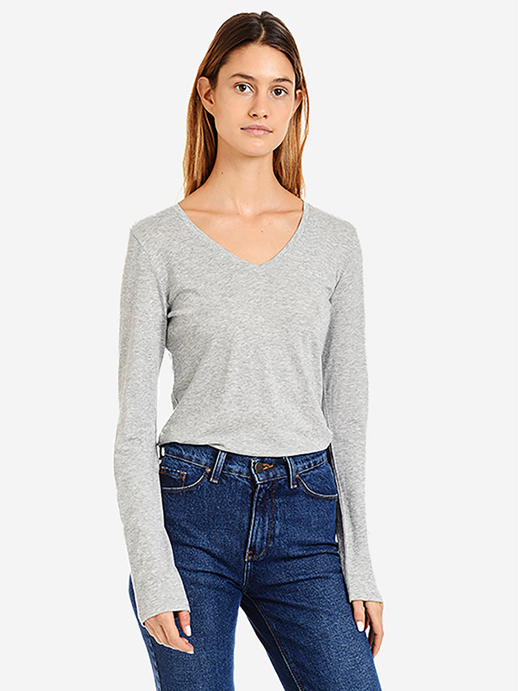Women wearing Heather Gray Long Sleeve V-Neck Tee Marcy