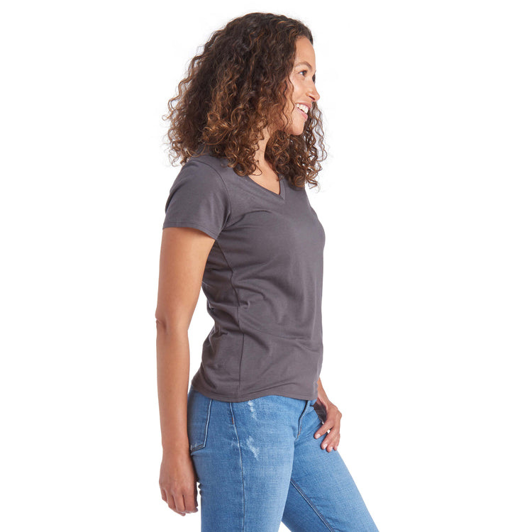 Women wearing Noche Gray Fitted V-Neck Marcy Tee