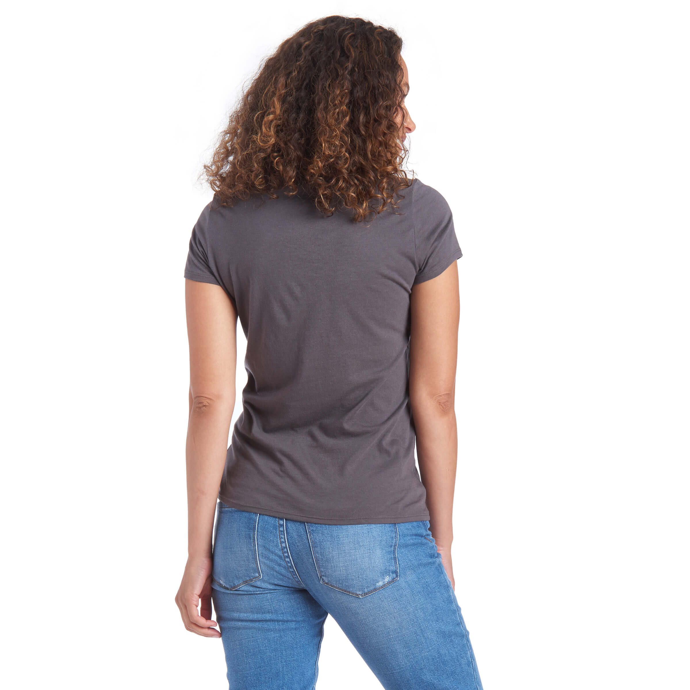 Women wearing Noche Gray Fitted Crew Marcy Tee