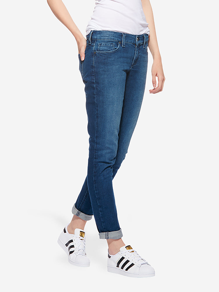 Women wearing Medium Blue Mid Rise Slim Straight Laight Jeans
